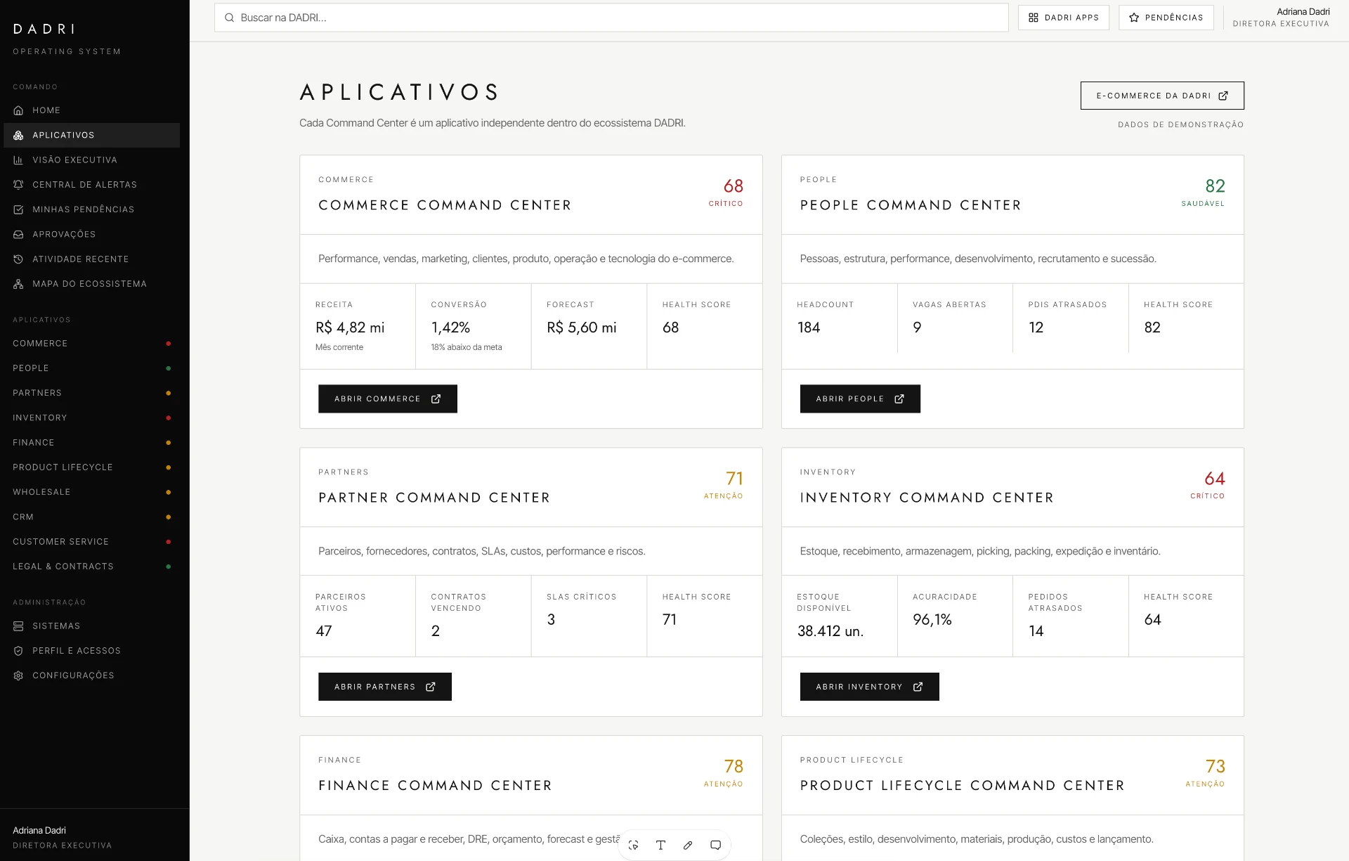 DADRI OS — tela de aplicativos com os Command Centers